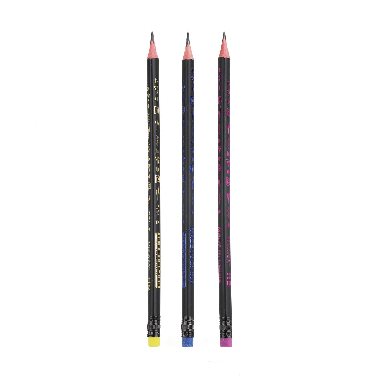 Three HB graphite pencils laid side-by-side showing the barrel design.
