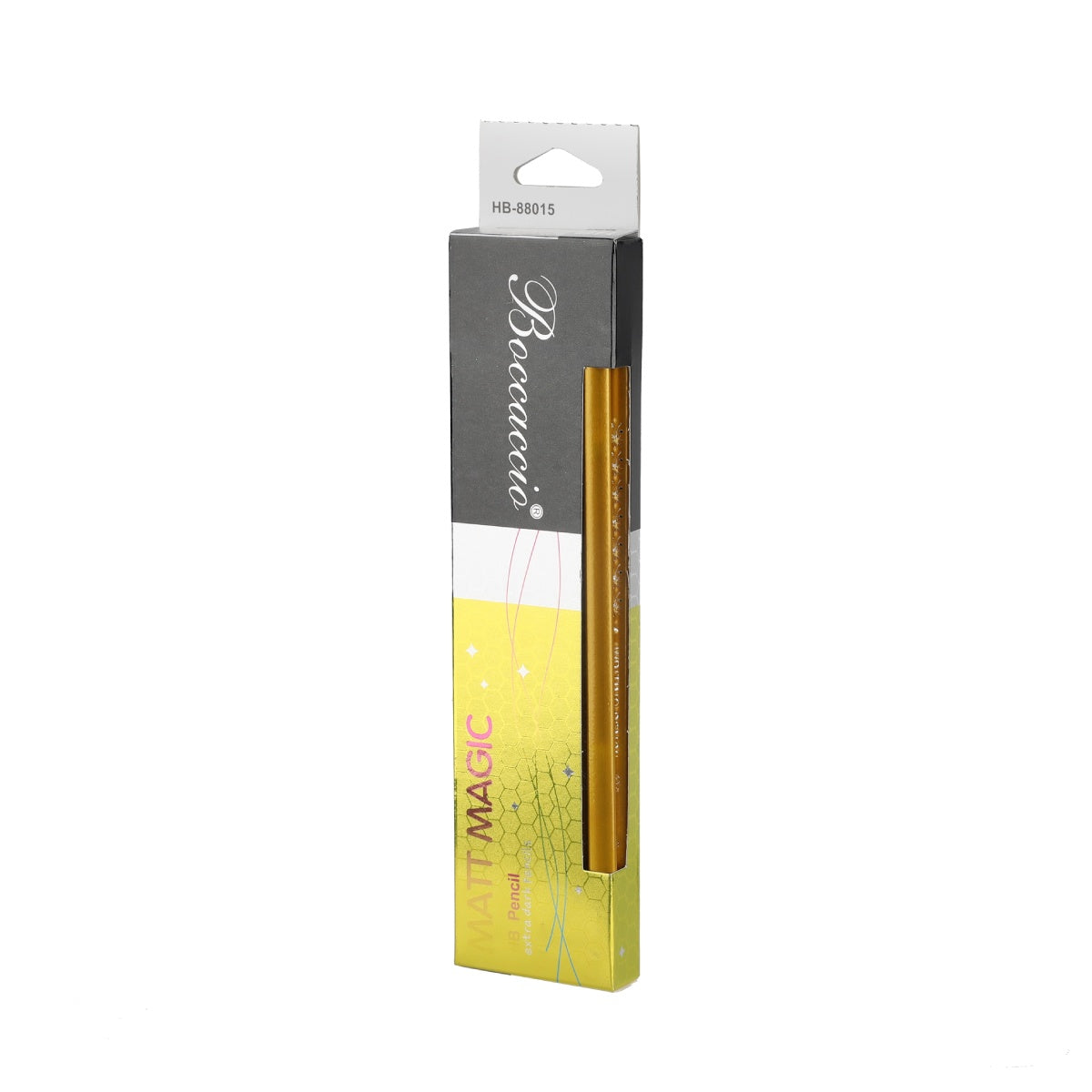 Close-up of 12 HB pencils in a yellow-colored box.