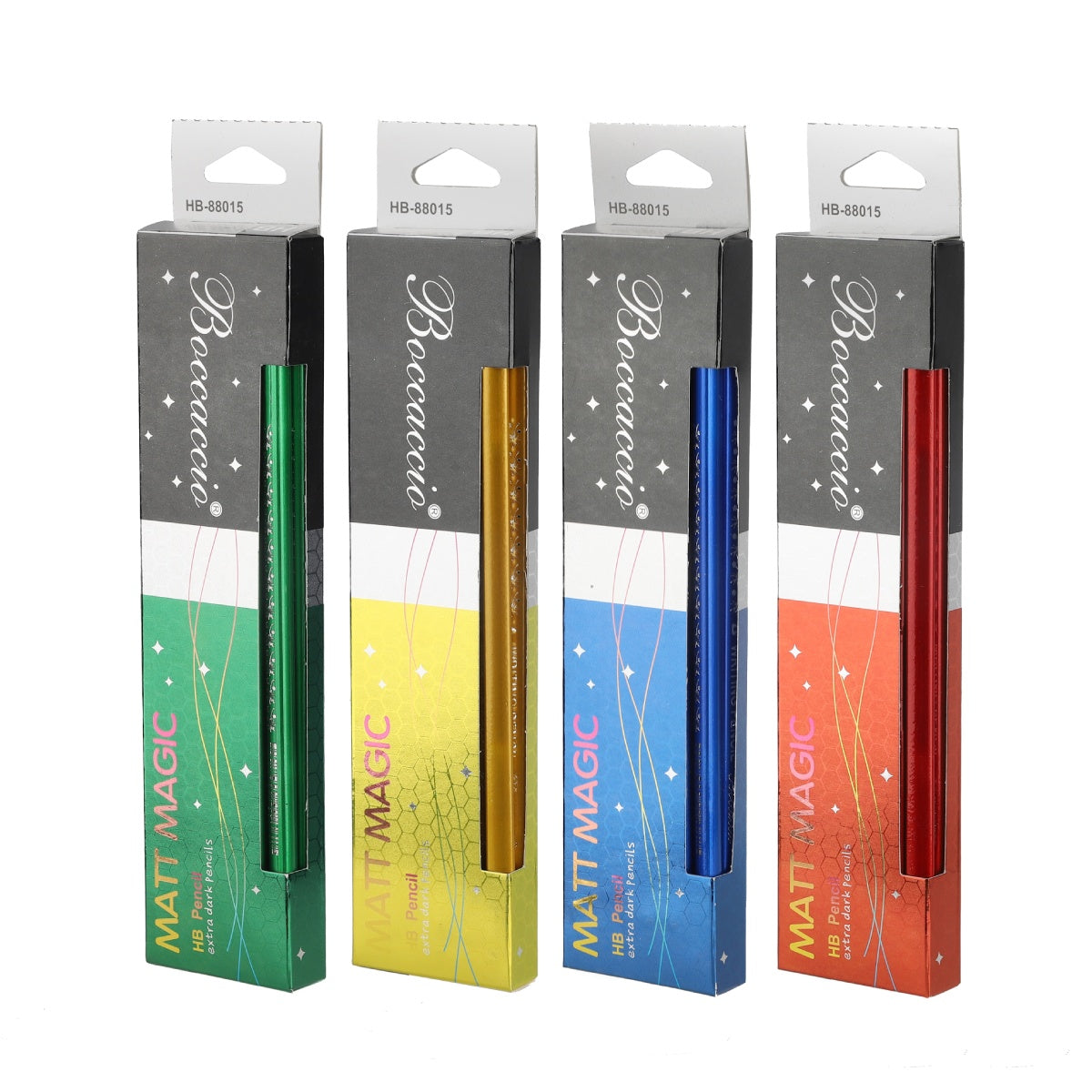 Set of 4 HB pencil boxes in green, yellow, blue, and red.