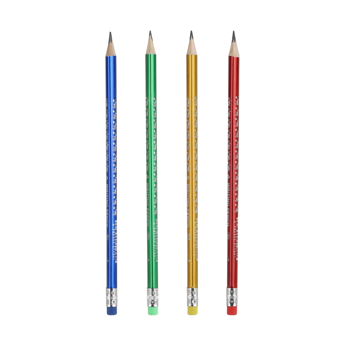 Four individual HB pencils in red, blue, green, and yellow barrels.
