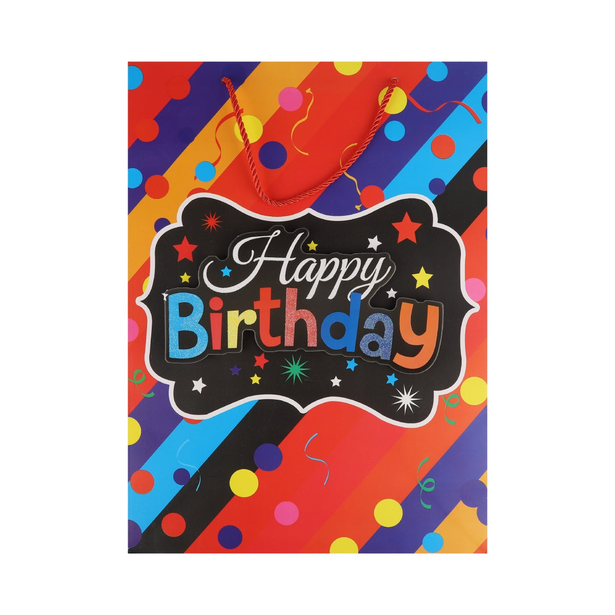 Bright birthday gift bag with rainbow swirl background and dotted star shapes.