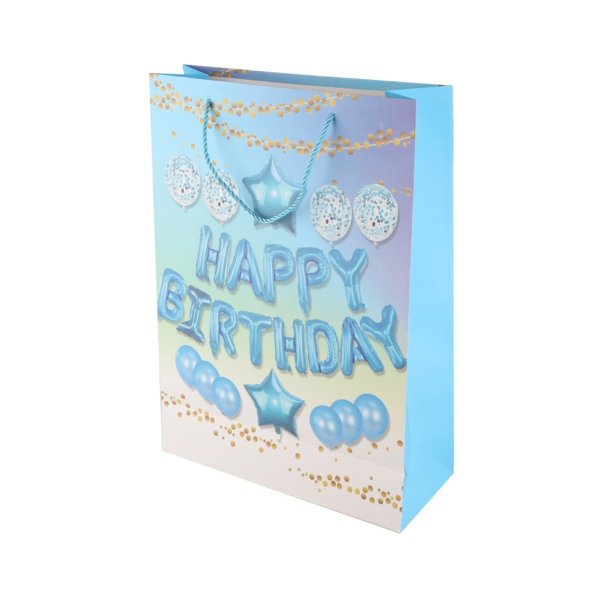 Bright birthday gift bag with rainbow swirl background and dotted star shapes.