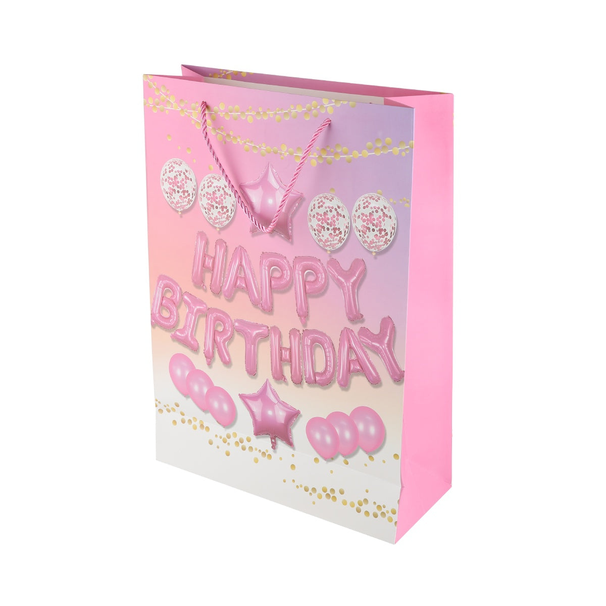 Pink ombré birthday gift bag with silver balloon text and party motifs.