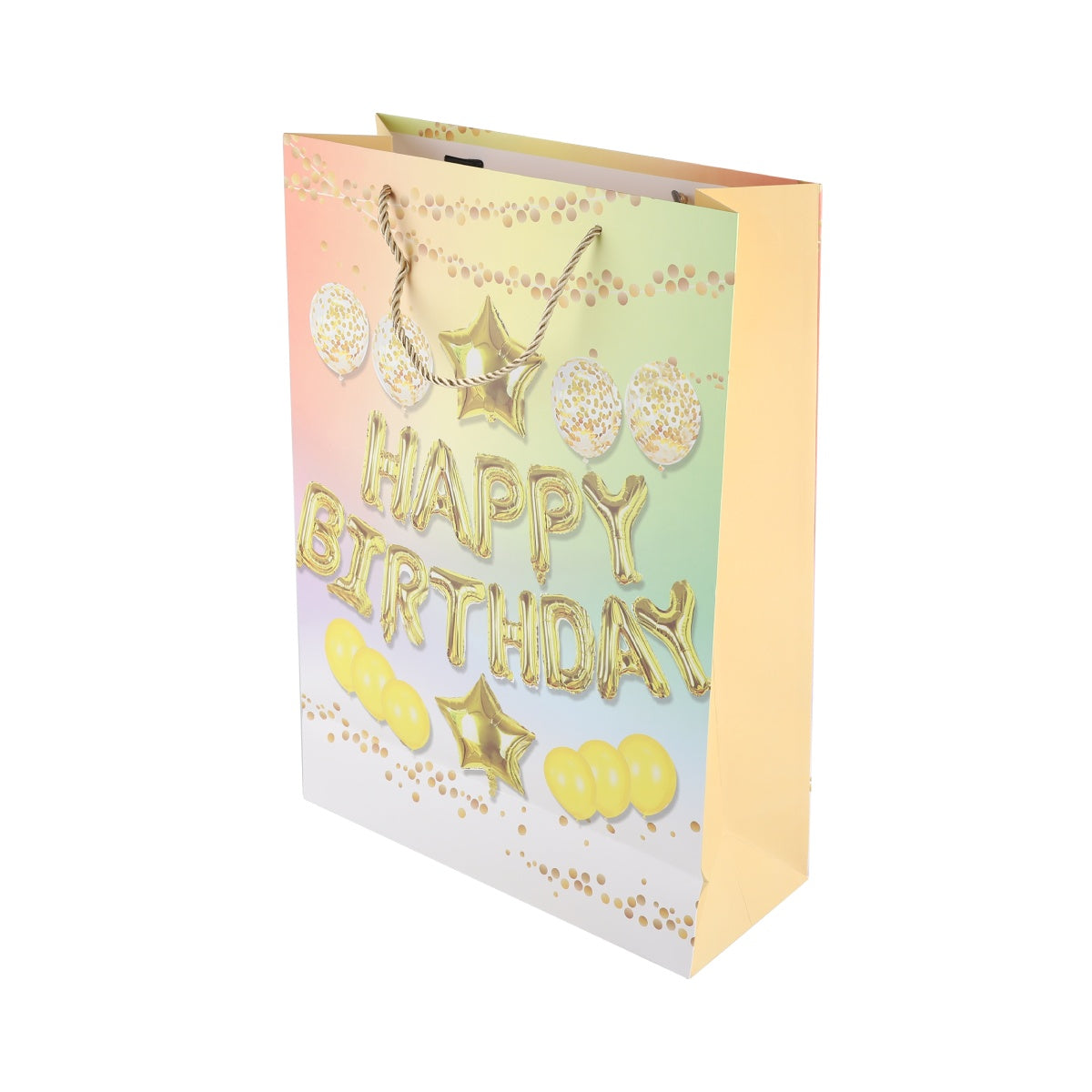 Gold-toned gift bag with birthday balloon art and ribbon handles.