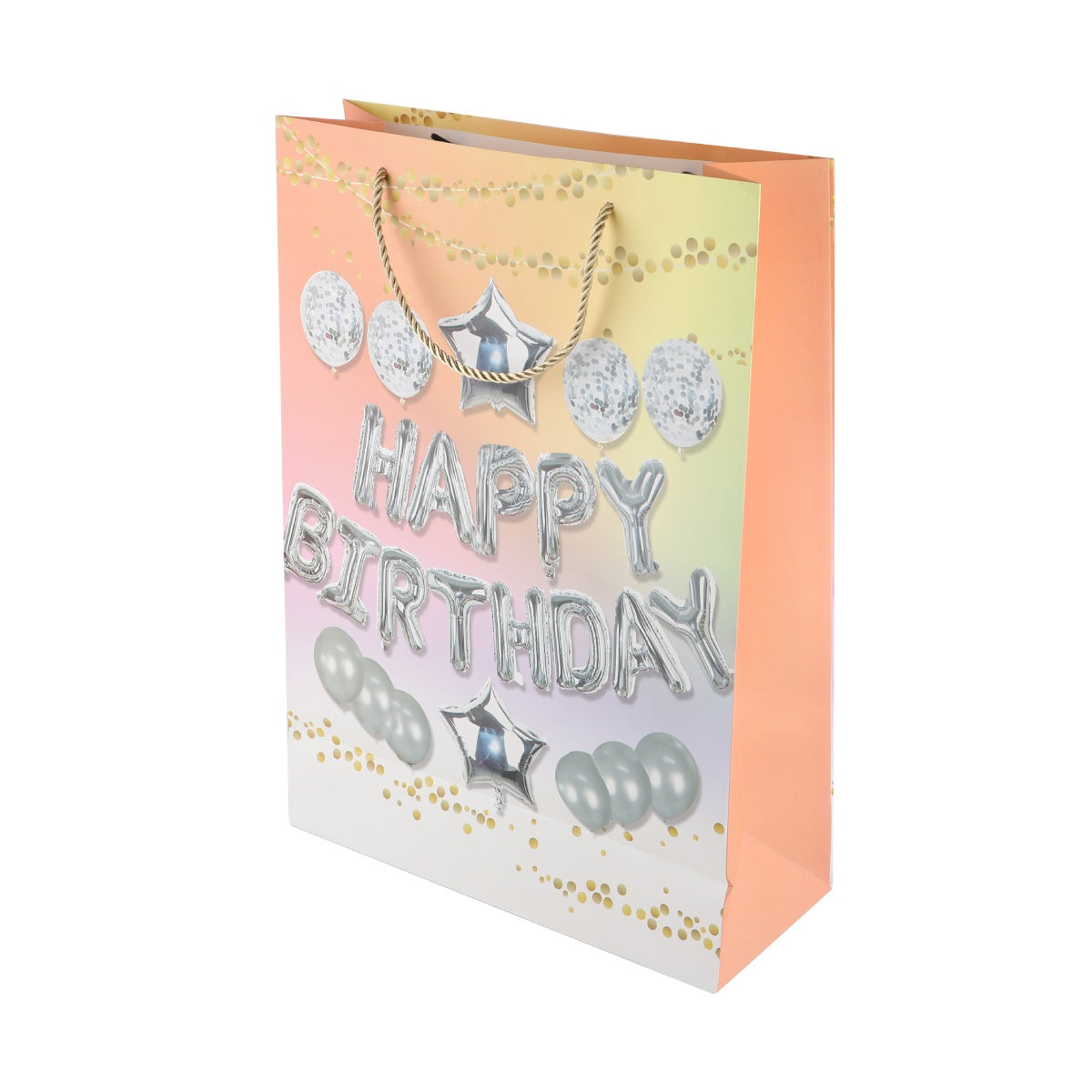 Peach colored birthday bag with metallic "Happy Birthday" text and stars.