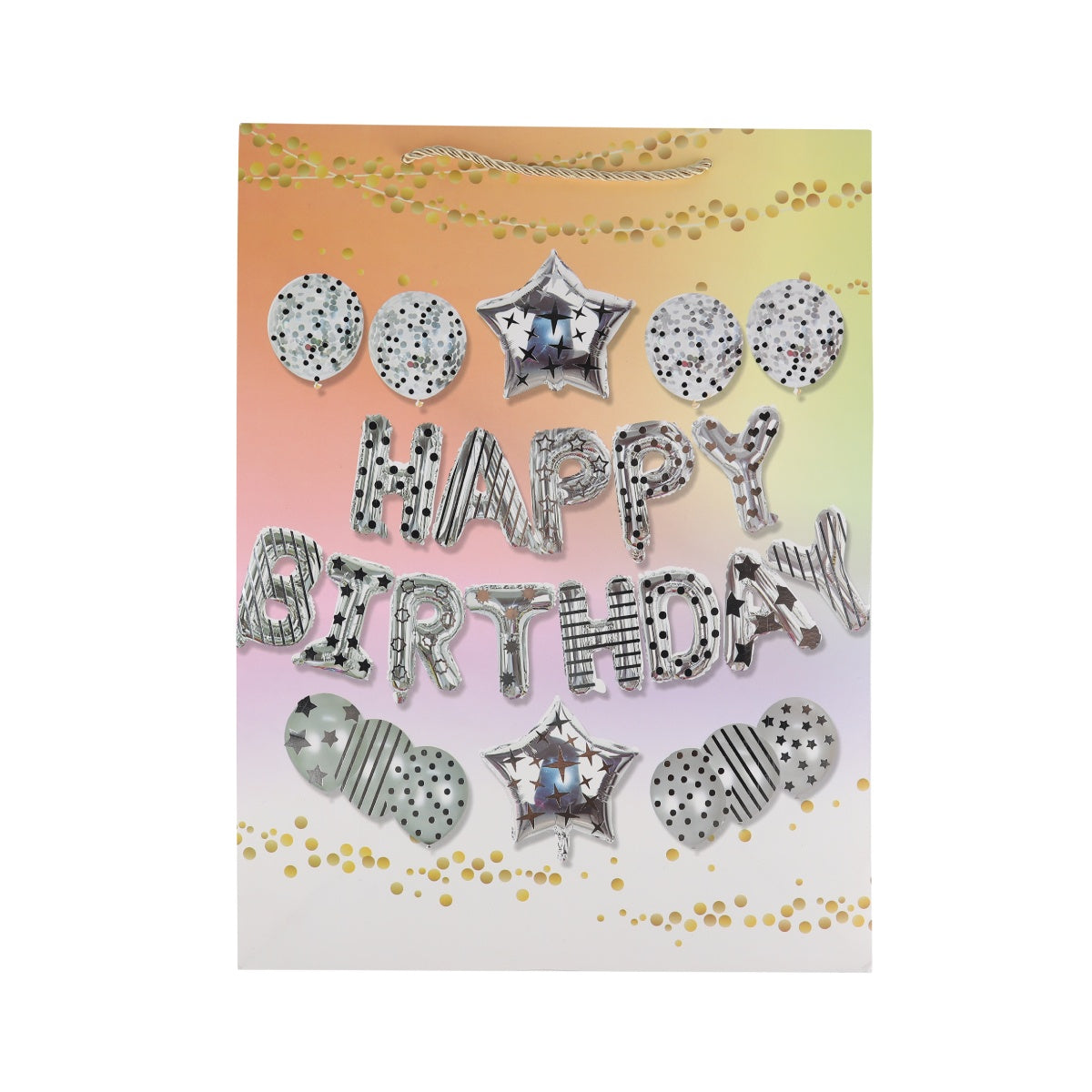 Cream birthday bag with shiny foil balloon print and festive icons.