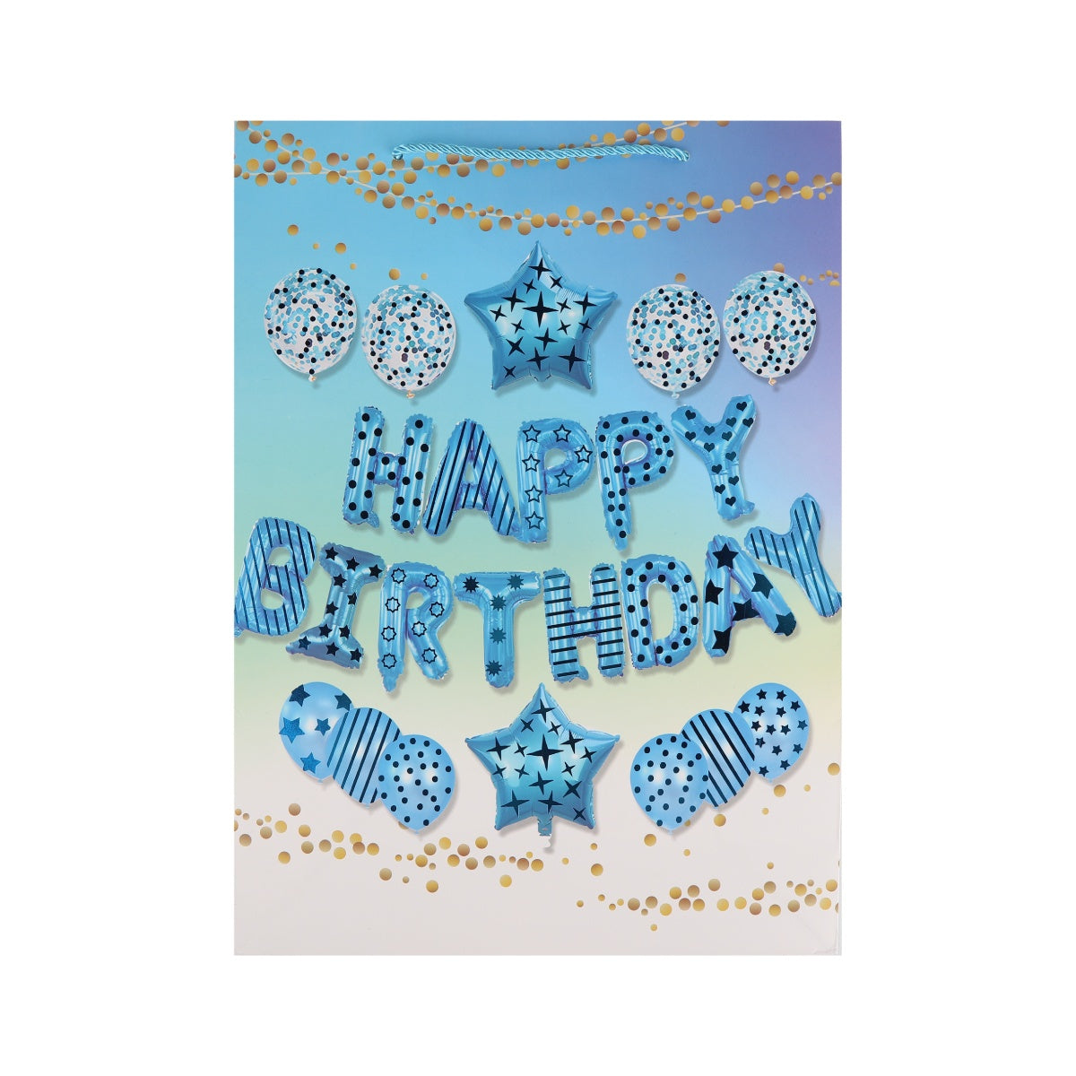 Light blue birthday gift bag with silver balloons and hearts design.