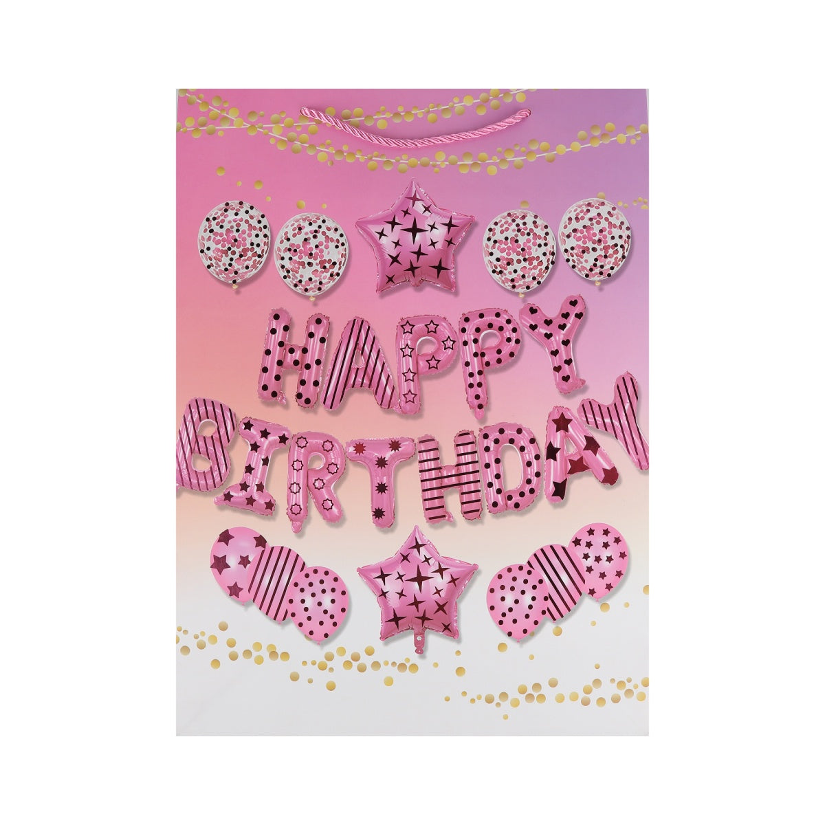 Pink gift bag with silver and pink balloon letters spelling "Happy Birthday".