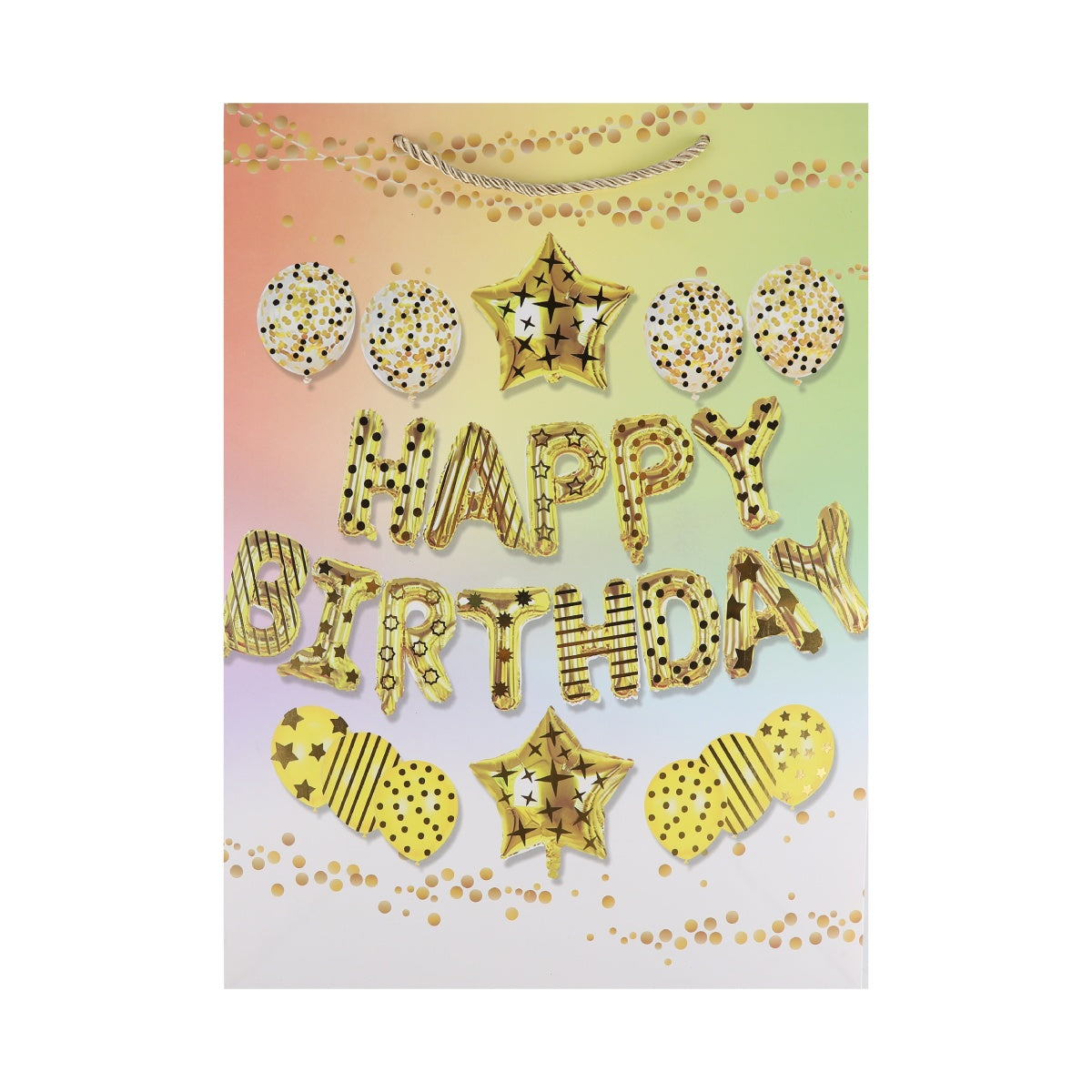 White birthday bag with gold foil balloon graphics and metallic accents.