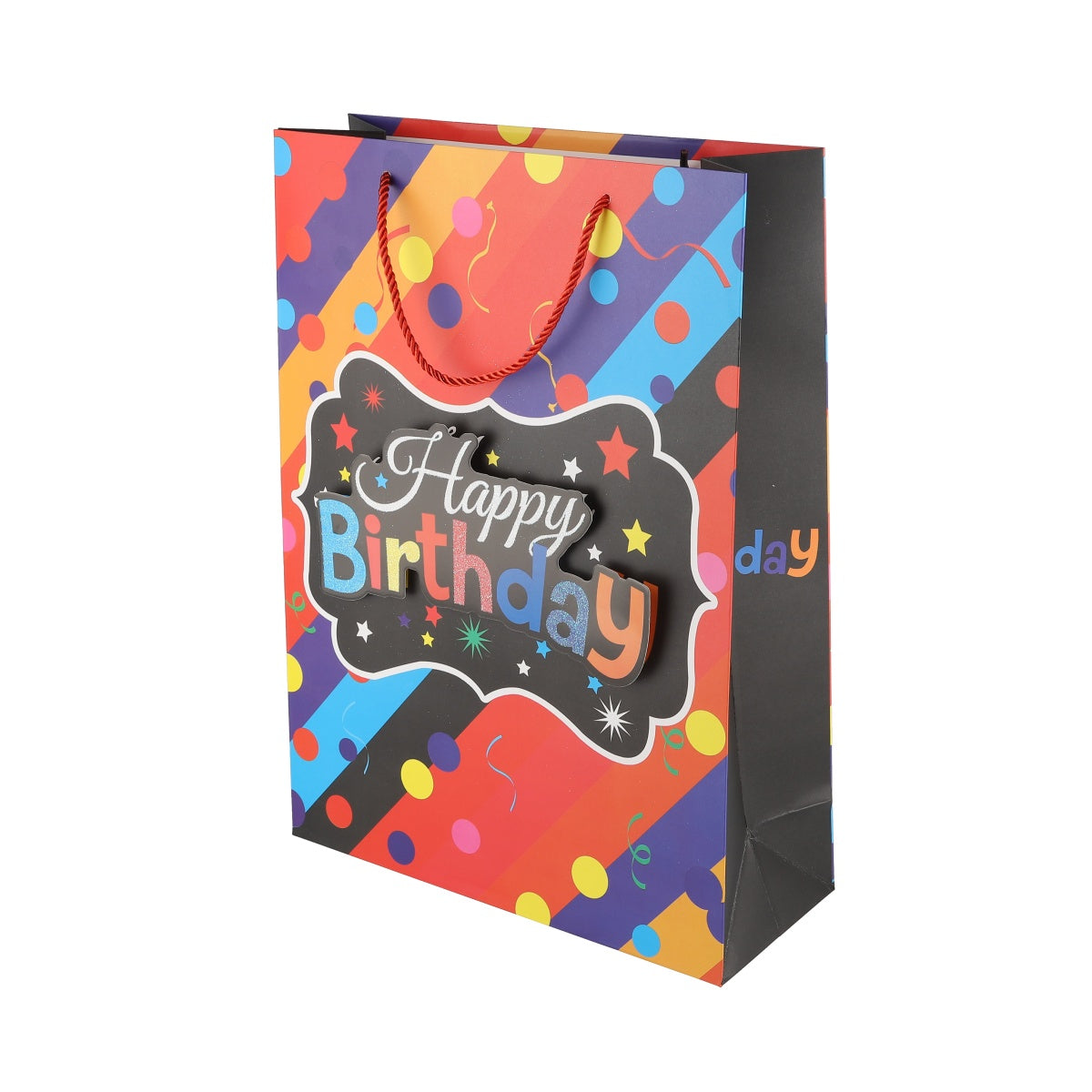Black birthday gift bag with colorful dots and neon-style "Happy Birthday" text.