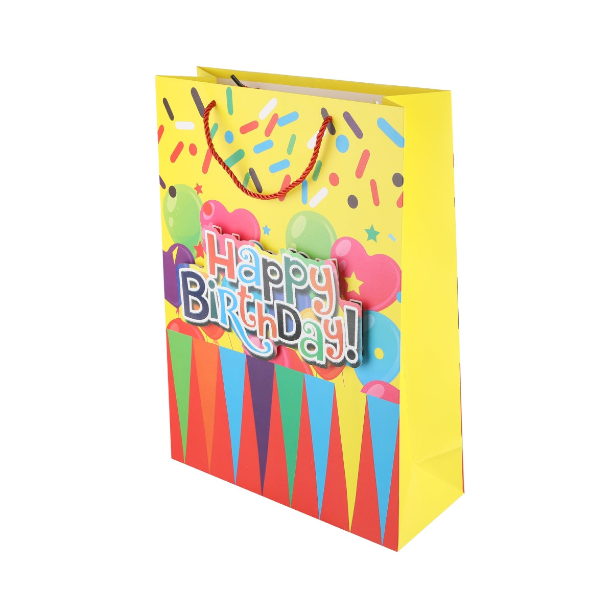 Angled side view of yellow bag with triangle pennants and "Happy Birthday" text.