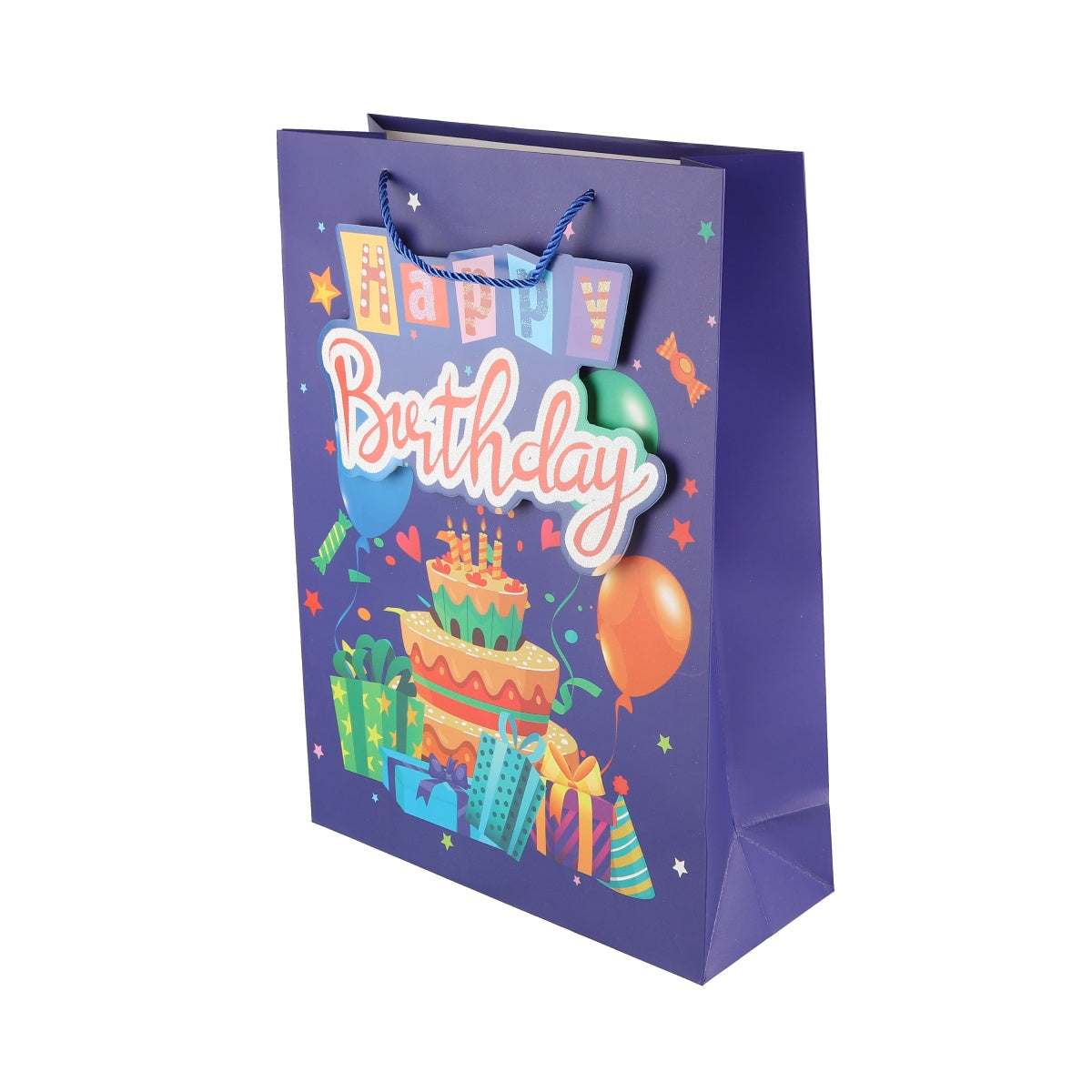 Side angle of the purple birthday bag with layered cake and gifts.