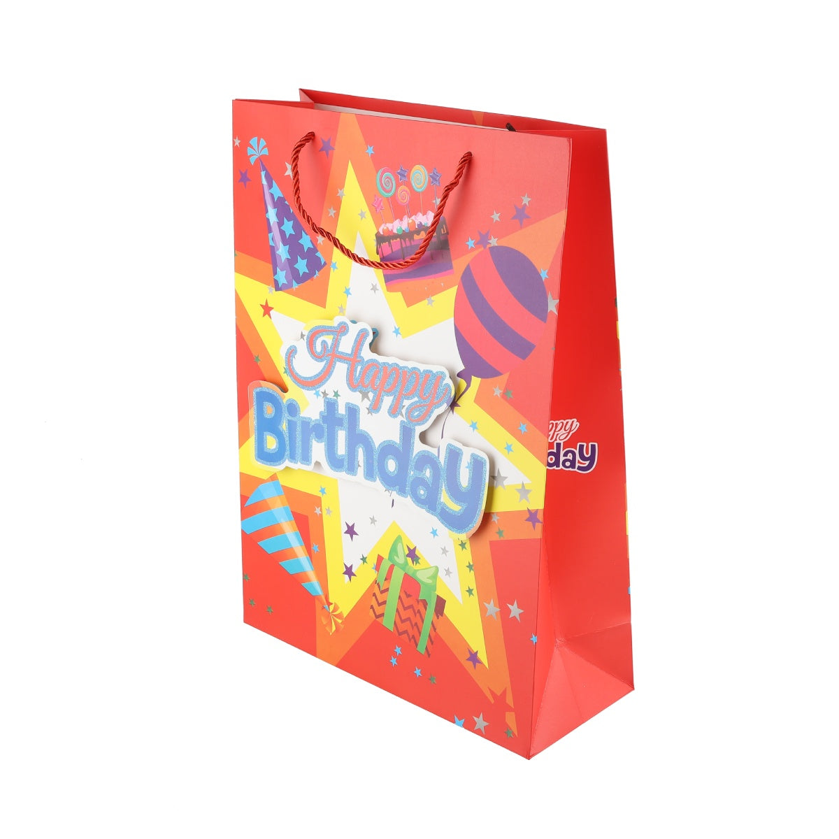 Angled side view of birthday bag with bright graphic design and party icons.