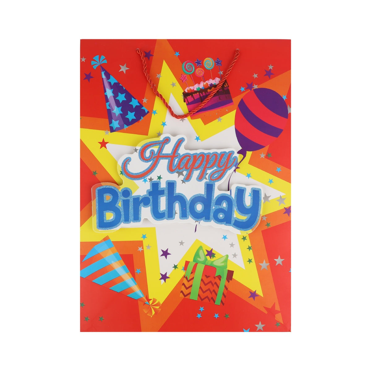 Red and yellow gift bag with starburst pattern and "Happy Birthday" in bold blue.