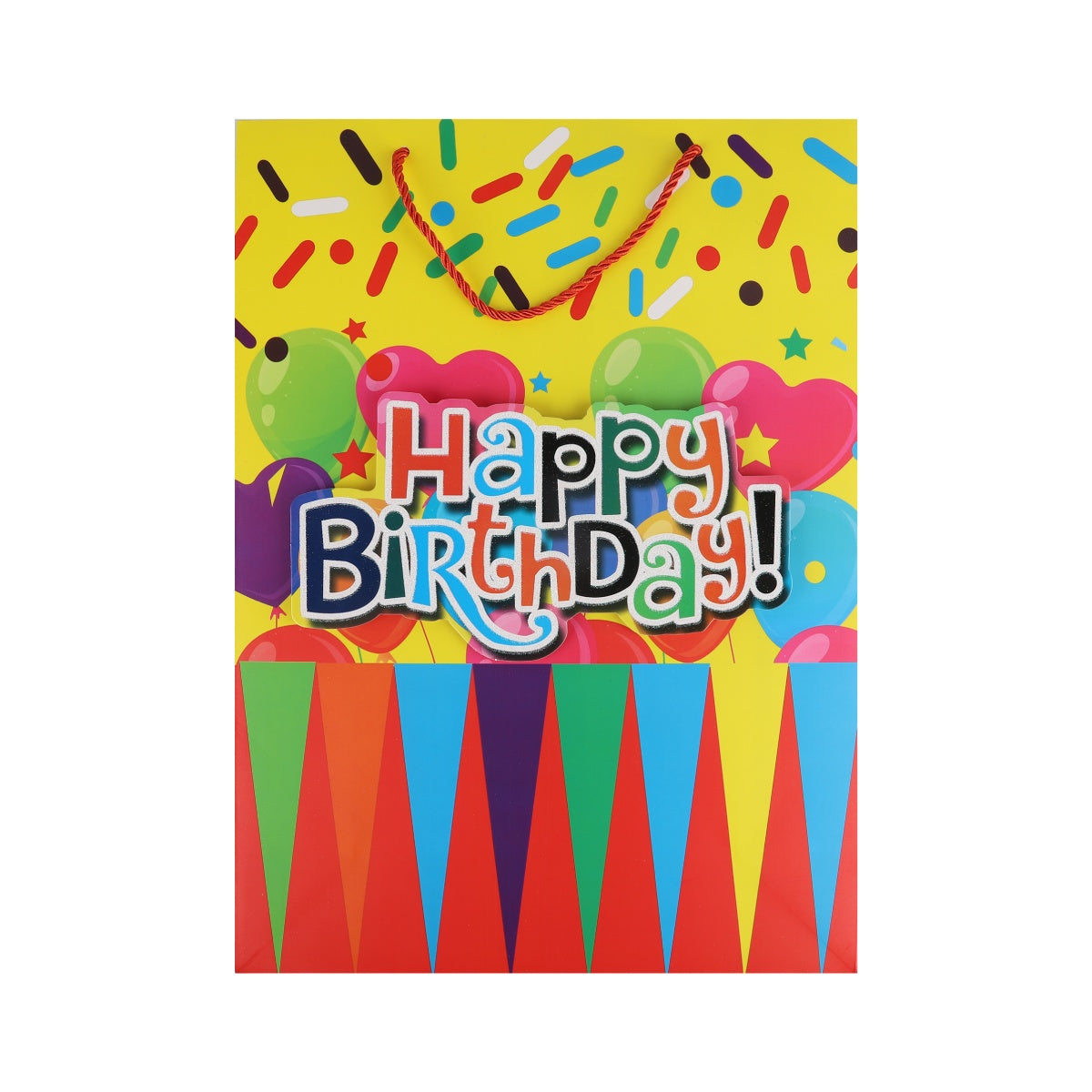 Gift bag with yellow background, confetti, and "Happy Birthday" text in multicolor.