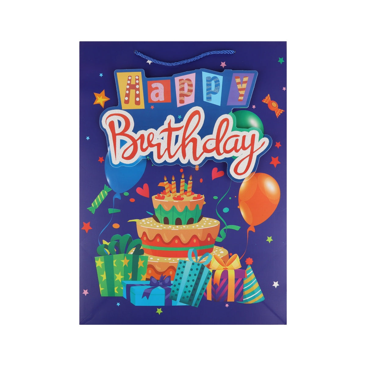 Purple birthday gift bag with colorful cake, balloons, and wrapped presents.