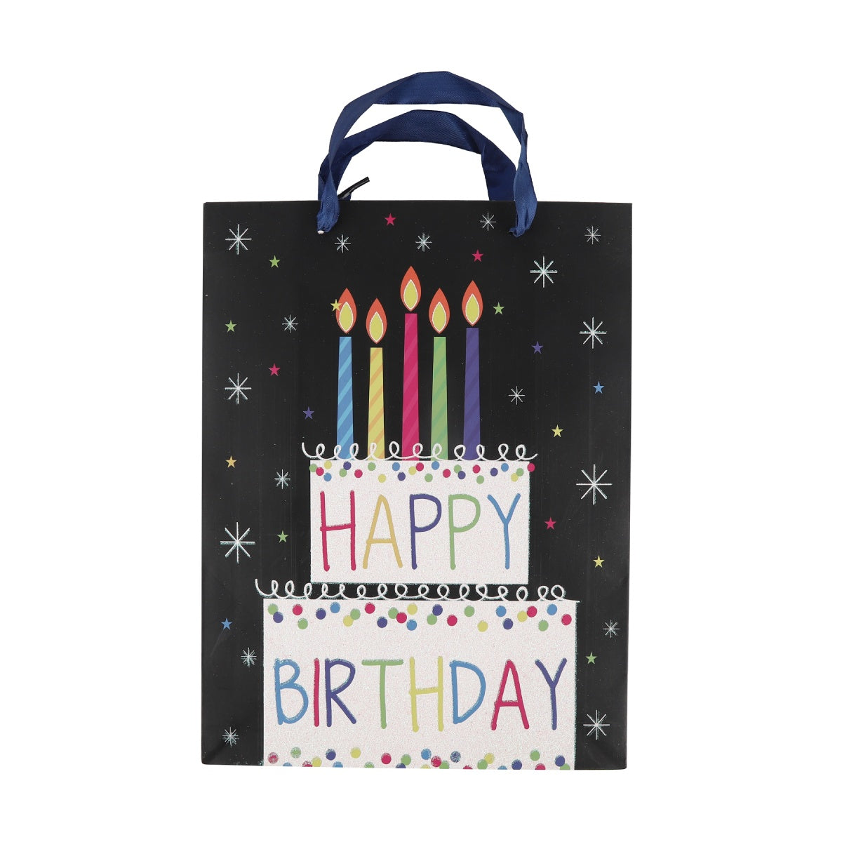 Dark background bag with gold stars and festive "Happy Birthday" text.