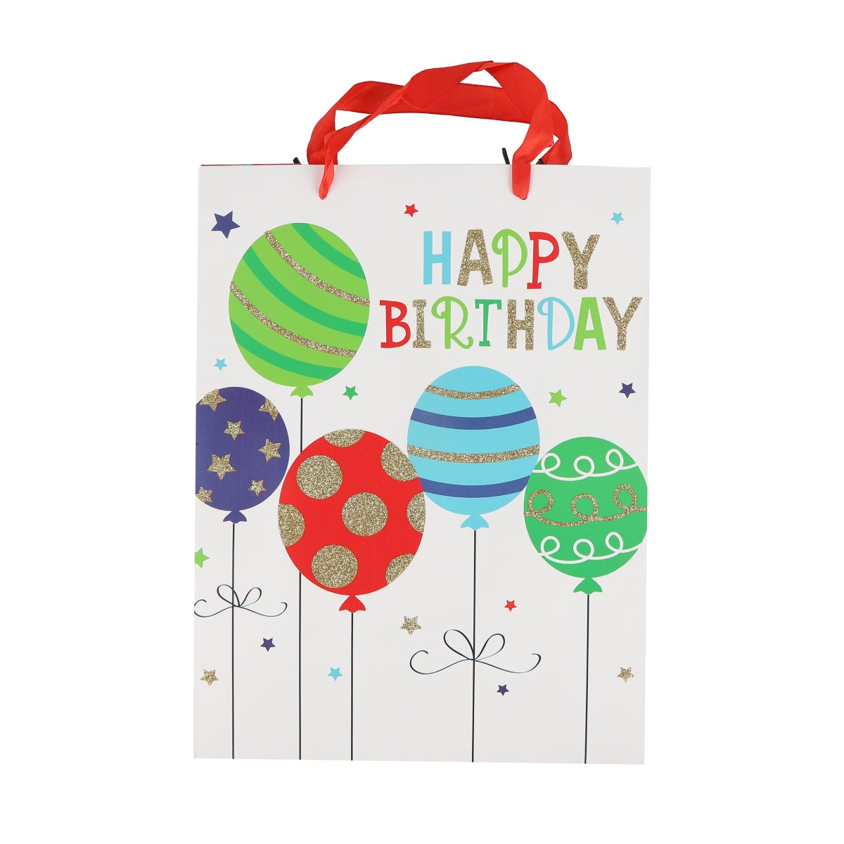 White medium gift bag with playful balloon print and ribbon handles.