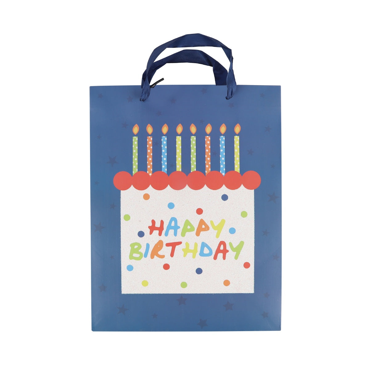 Medium blue birthday bag featuring candles and gift illustrations.