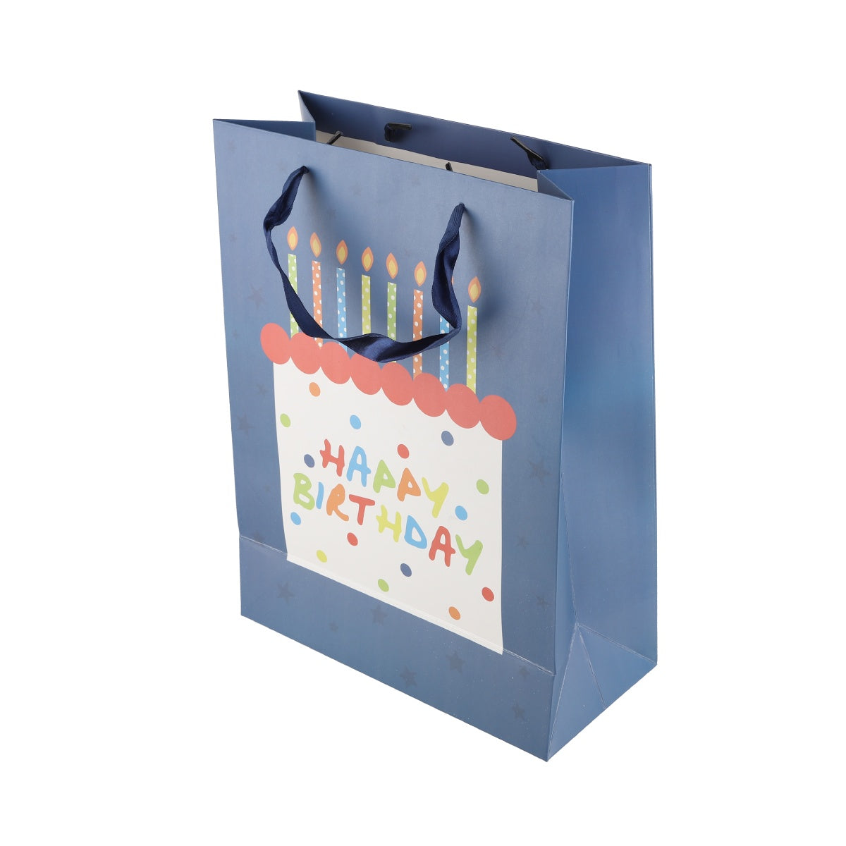 Blue birthday bag with vertical rainbow stripes and celebration text.