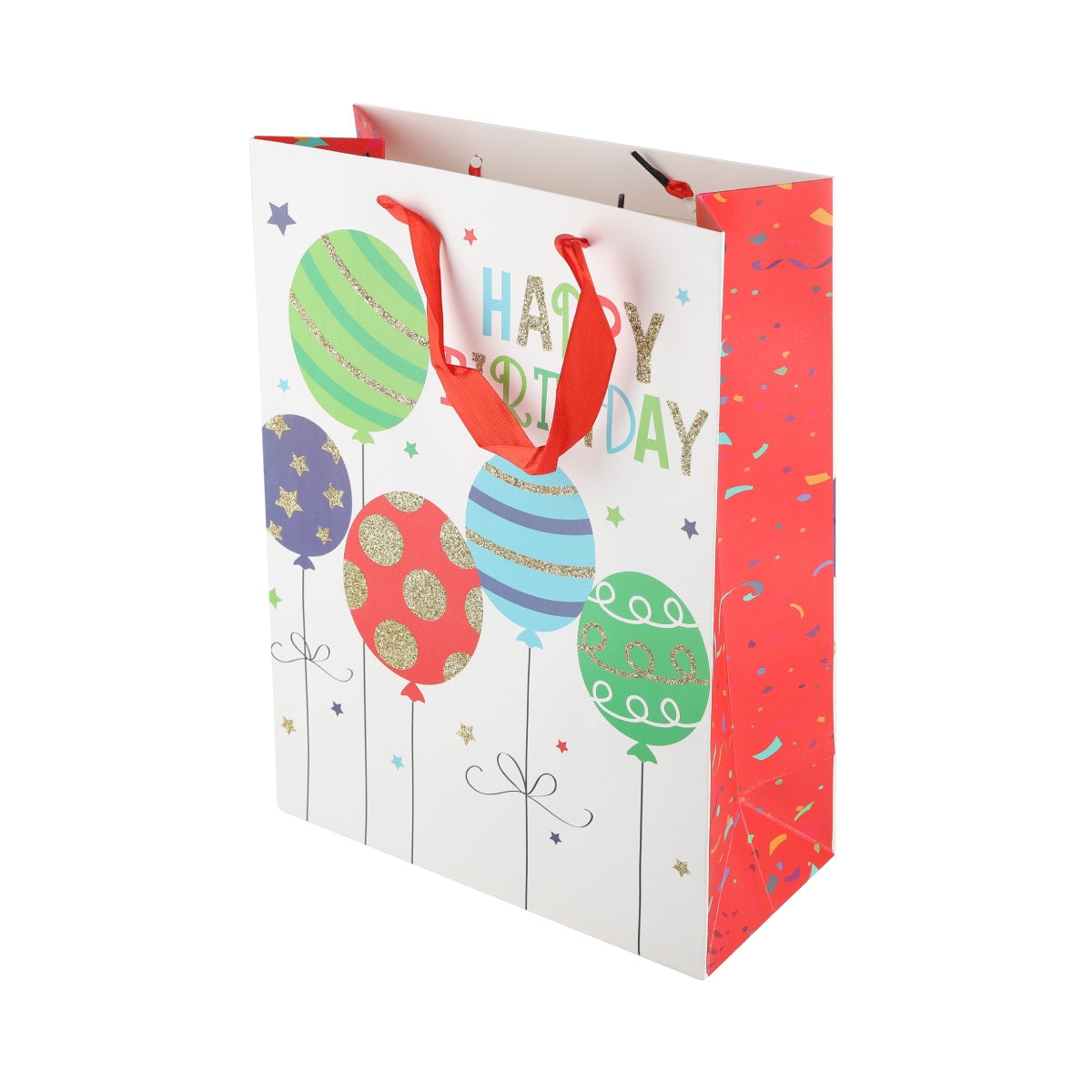 White party gift bag decorated with red, blue, and green balloons.