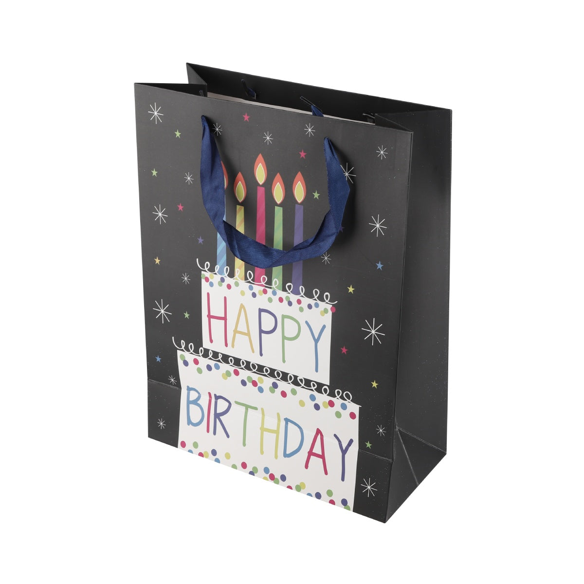 Black birthday bag featuring lit candles and "Happy Birthday" text.