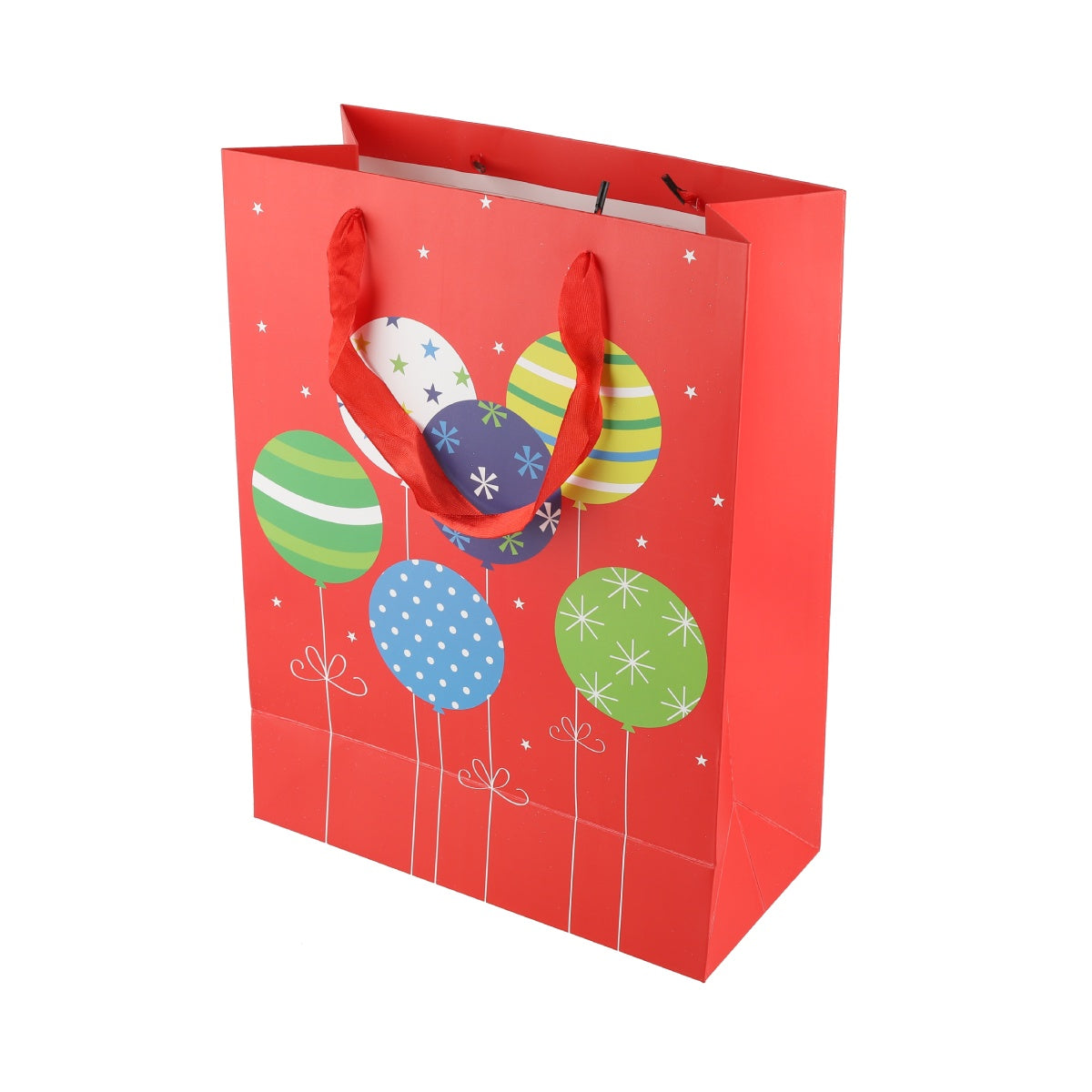 Side view of red balloon-themed gift bag with multicolor polka dots.