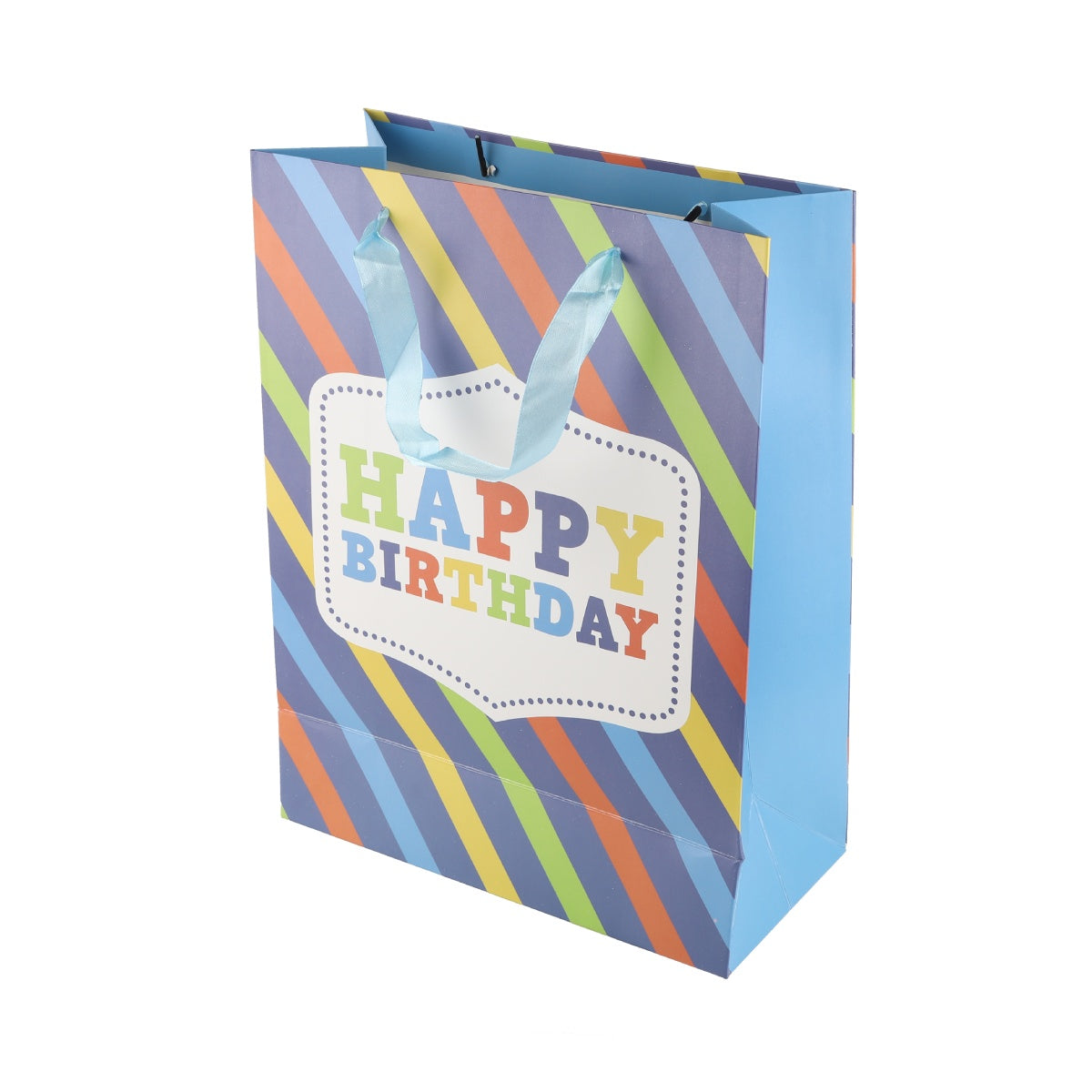 Gift bag with diagonal rainbow stripes and gold "Happy Birthday" lettering.