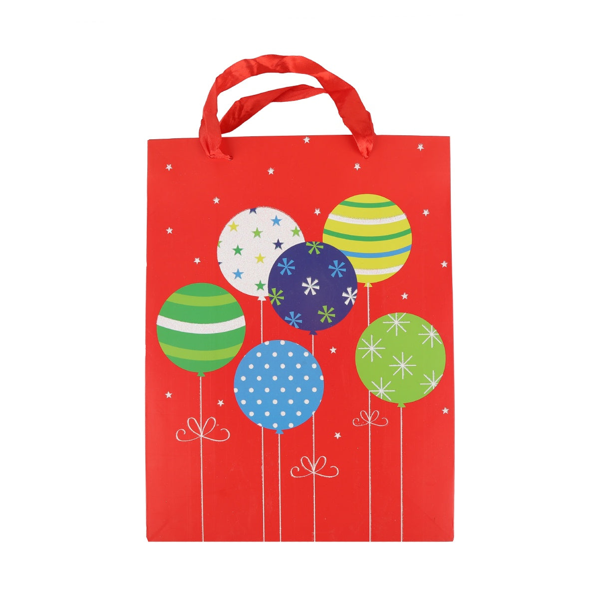 Medium red birthday gift bag with colorful balloons and white ribbon handles.