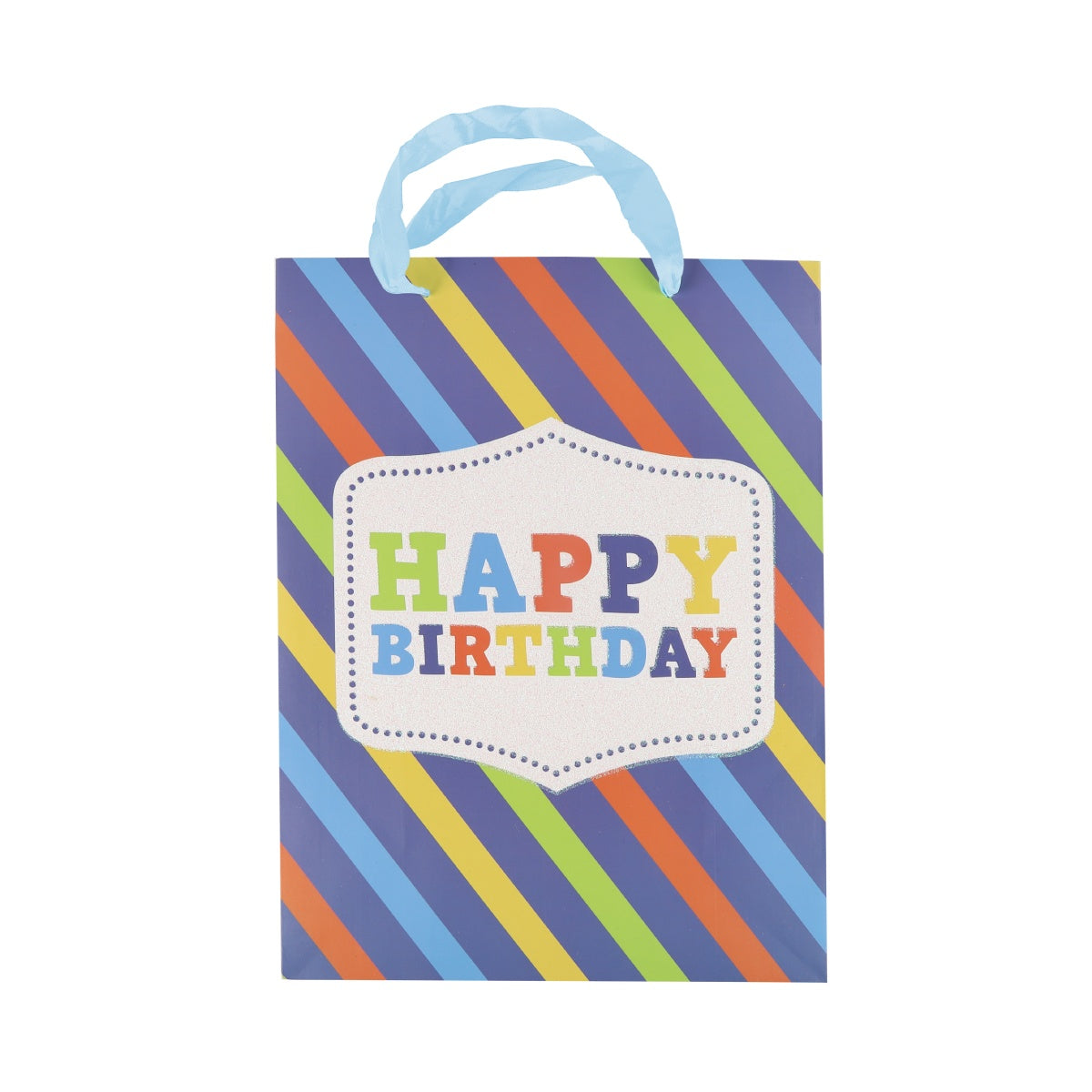 Medium blue birthday bag featuring candles and gift illustrations.