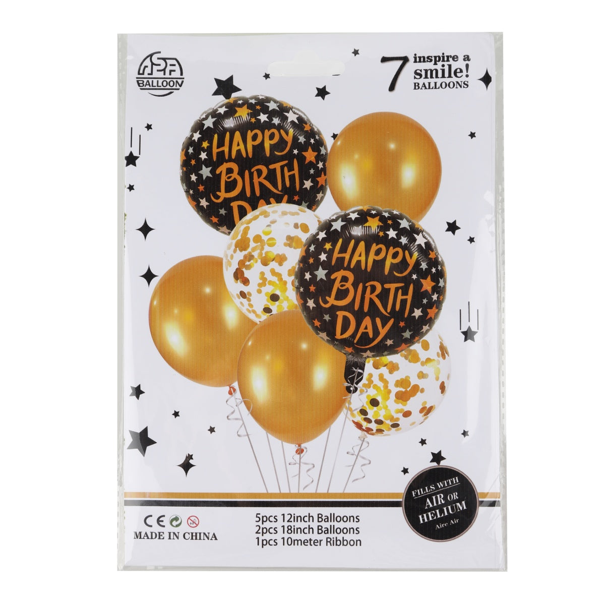 Birthday balloon combo with black and gold colors, shown with tying tools.