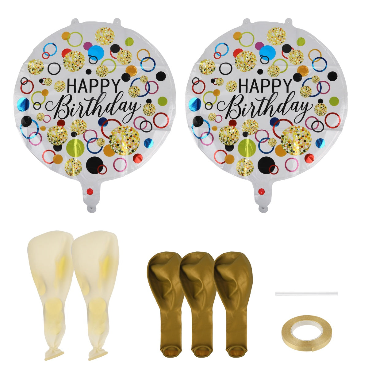 Gold balloon bundle with confetti-filled latex balloons, curling ribbon, and sealing clip.