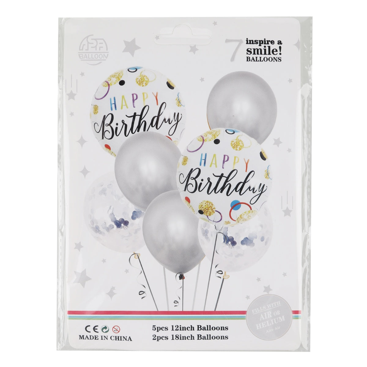 Packaged 7pc balloon set with white and gold theme, including latex and foil balloons.
