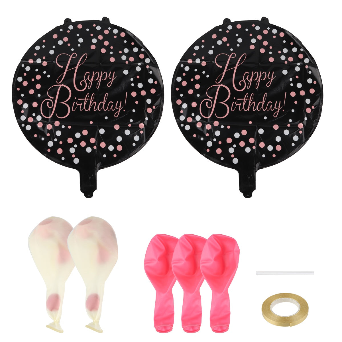 Pair of round black foil balloons with gold and pink confetti design and “Happy Birthday” text.