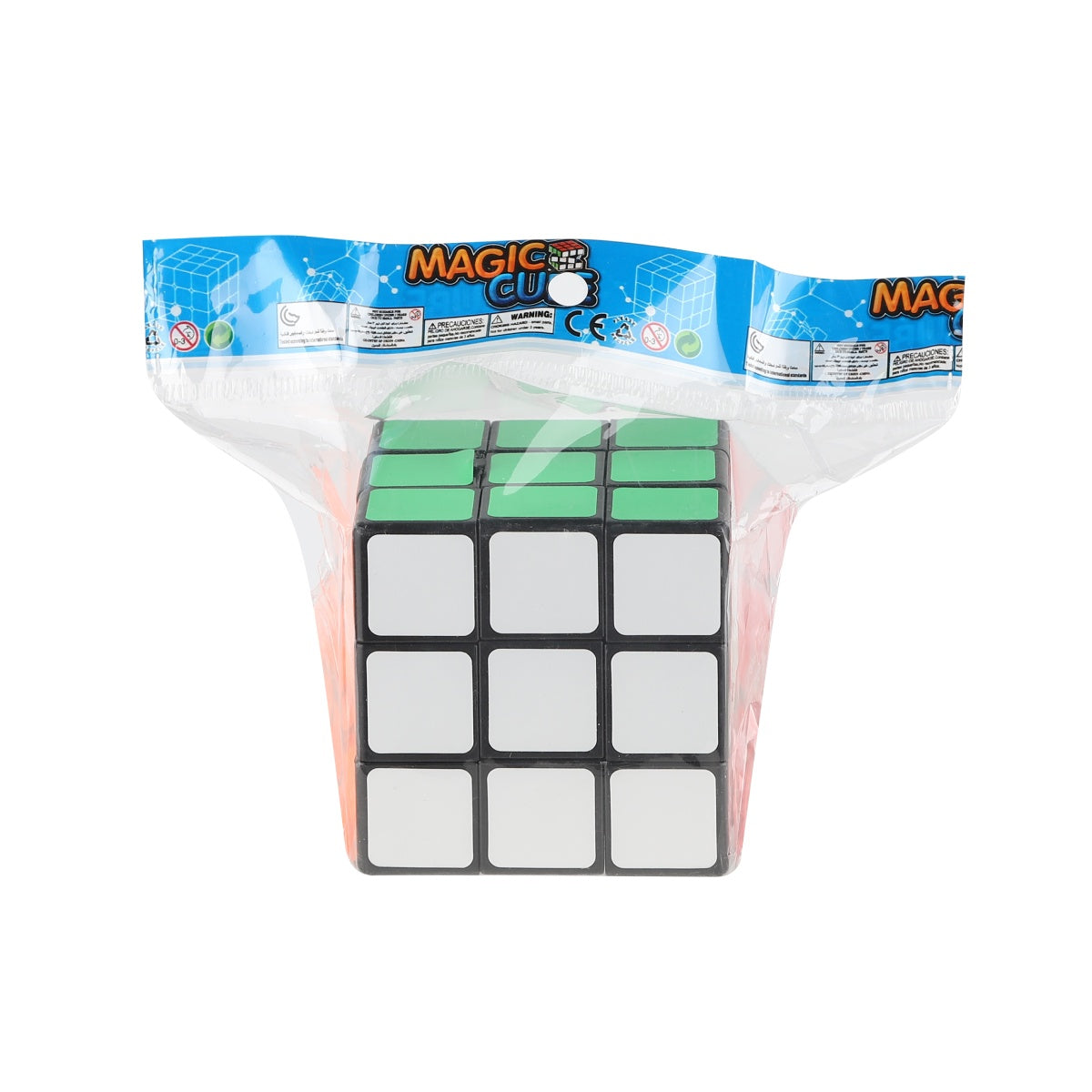 Magic cube puzzle toy in retail blister packaging with colorful label.
