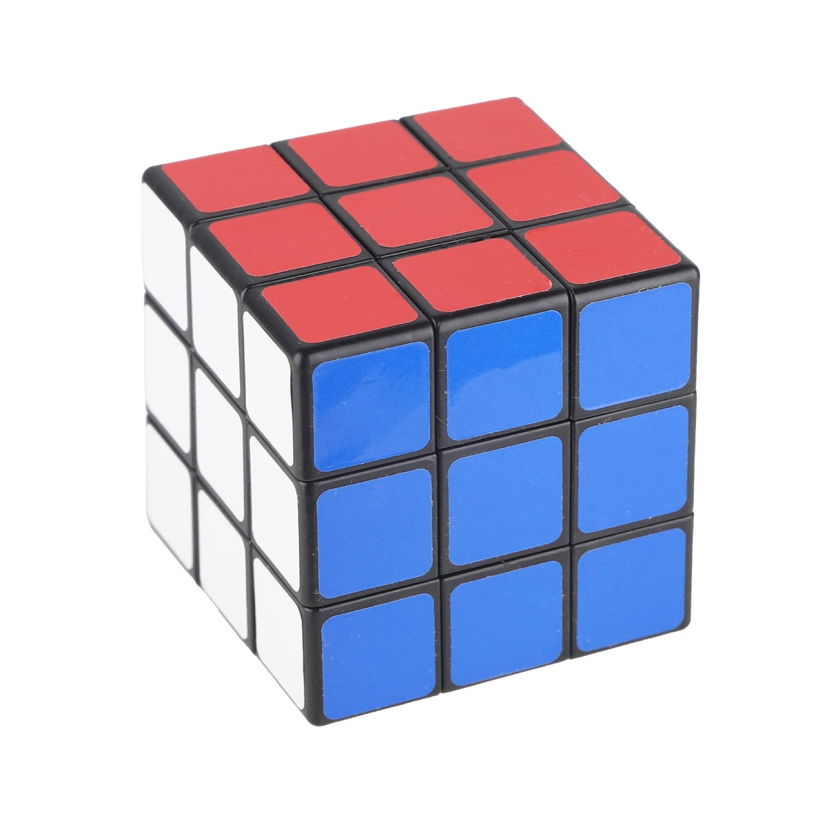 Rubik-style cube showing red, white, and blue sides in close-up.