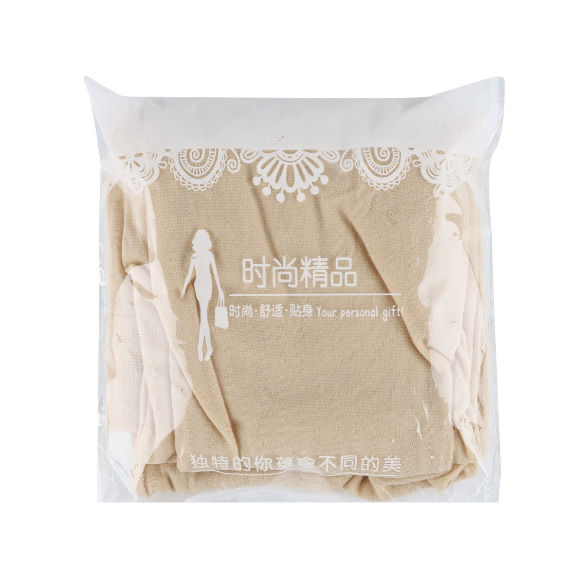 Pack of 6 skin color ladies stockings in lace-trimmed packaging.