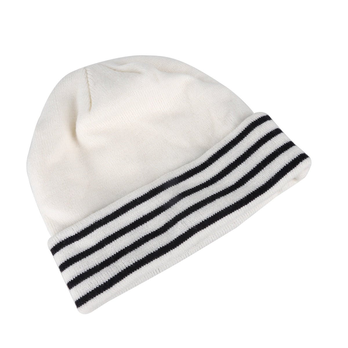 White winter hat with black stripe trim at the brim.
