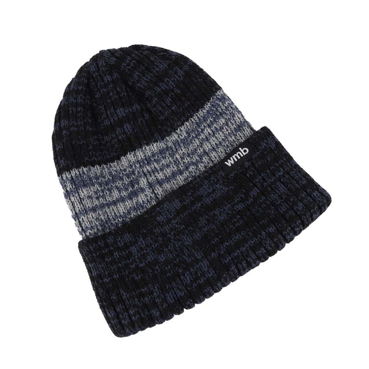 Black and gray gradient knit beanie with curled bottom edge.