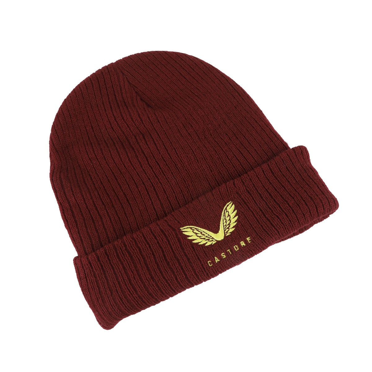 Maroon beanie featuring gold embroidered swoosh detail.