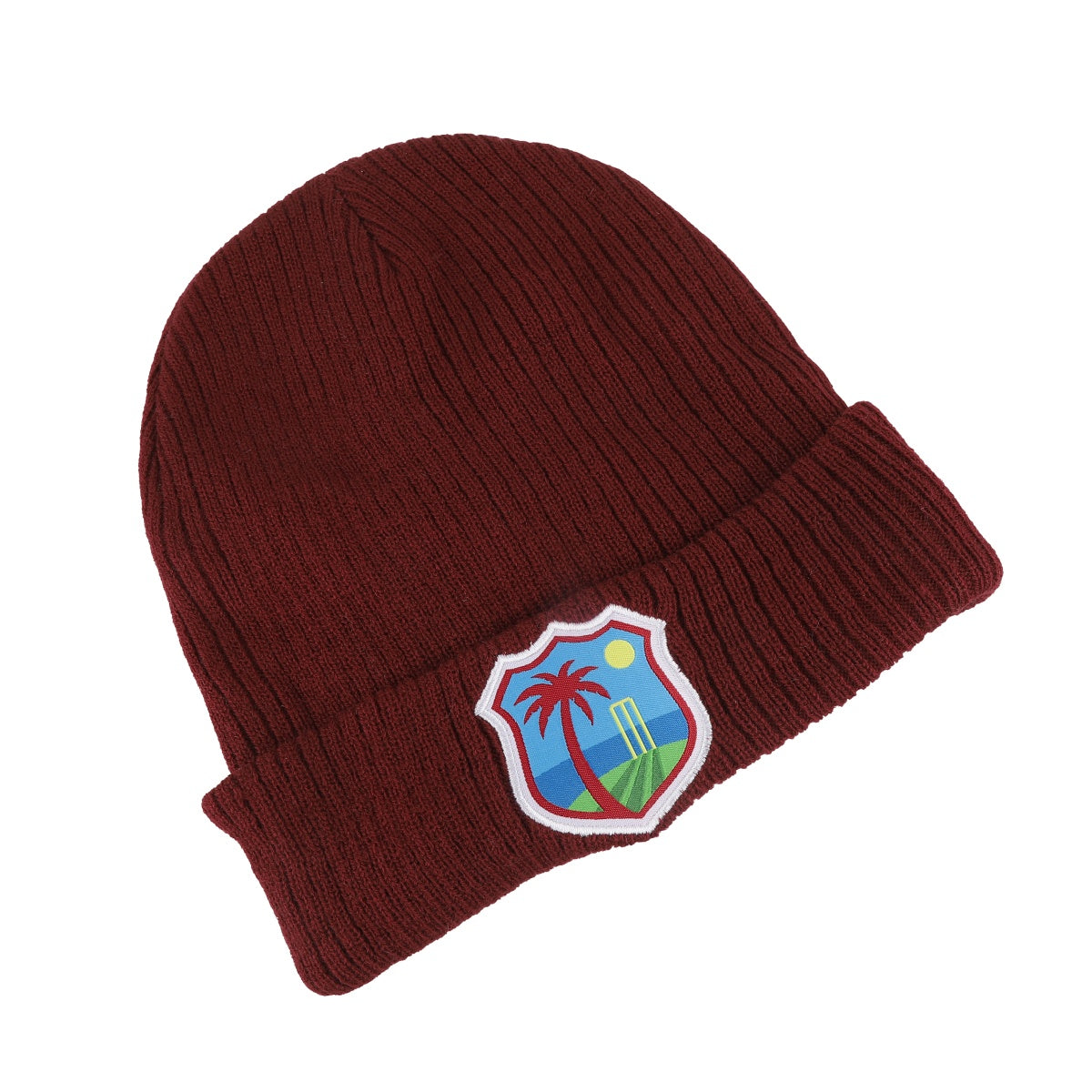 Burgundy winter hat with cartoon logo patch and curled hem.