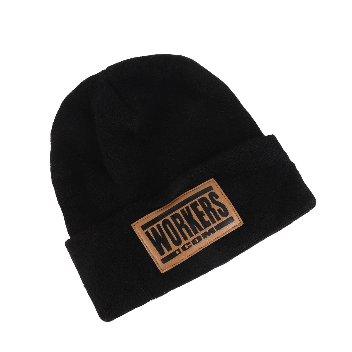 Black knit beanie with brown leather-style label and rolled brim.