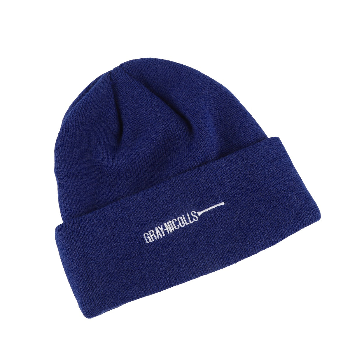 Dark blue winter beanie with white embroidered text and curled edge.