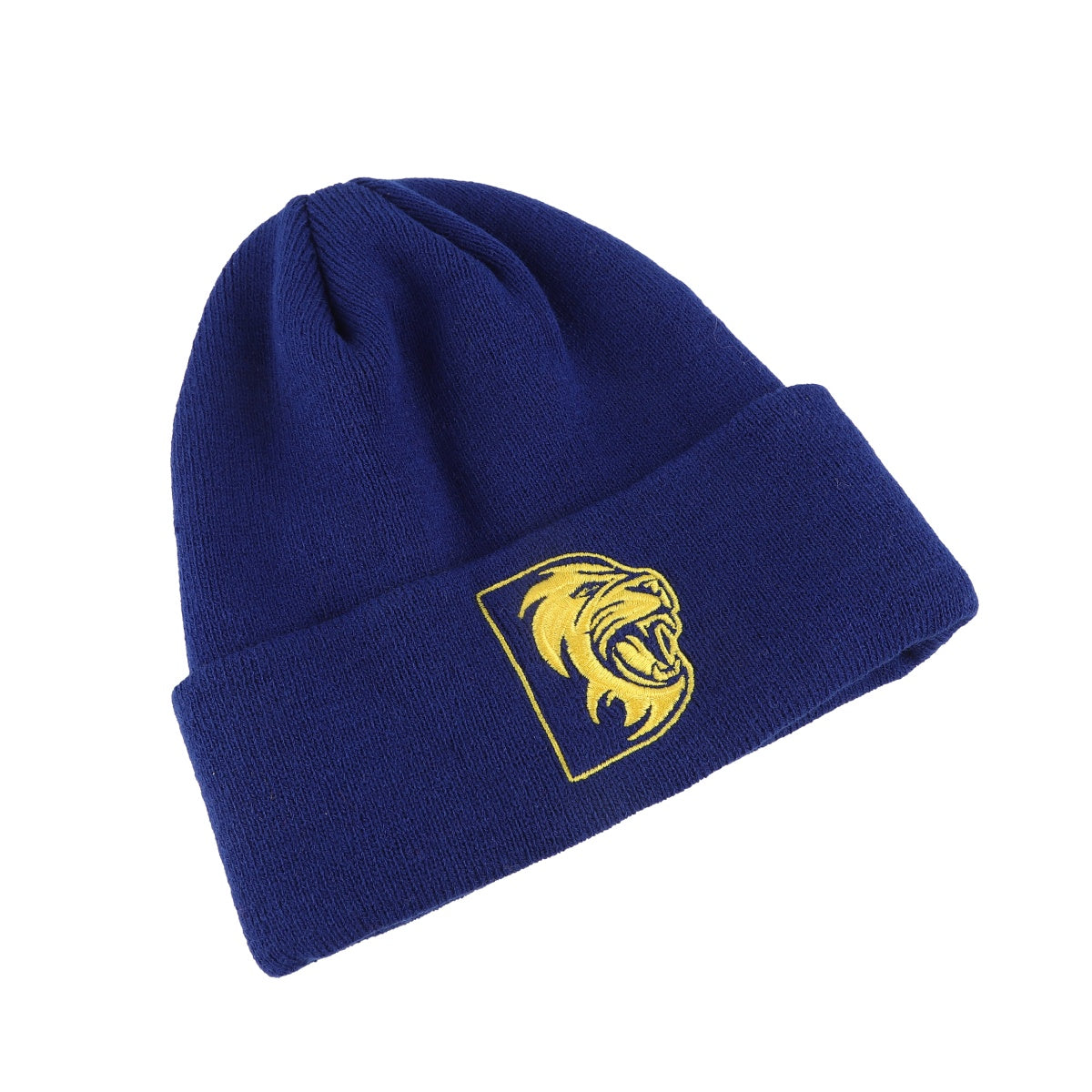 Blue winter cap with yellow lion crest patch and folded edge.