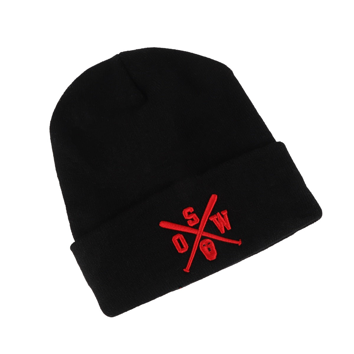 Black knit winter beanie with red stitched snowflake-style logo and curled edge.