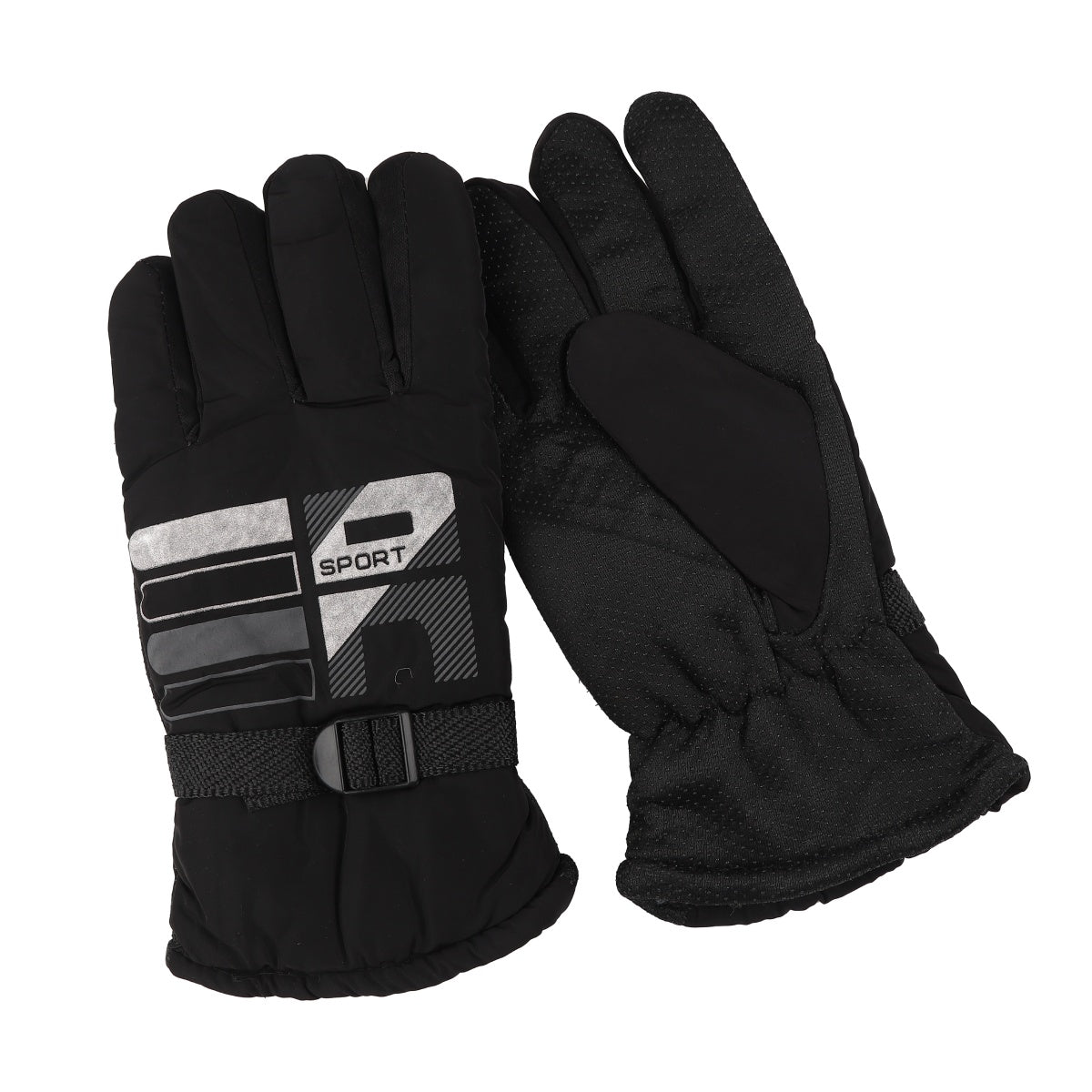 Black insulated gloves featuring gray stripe detail and Velcro wrist closure.