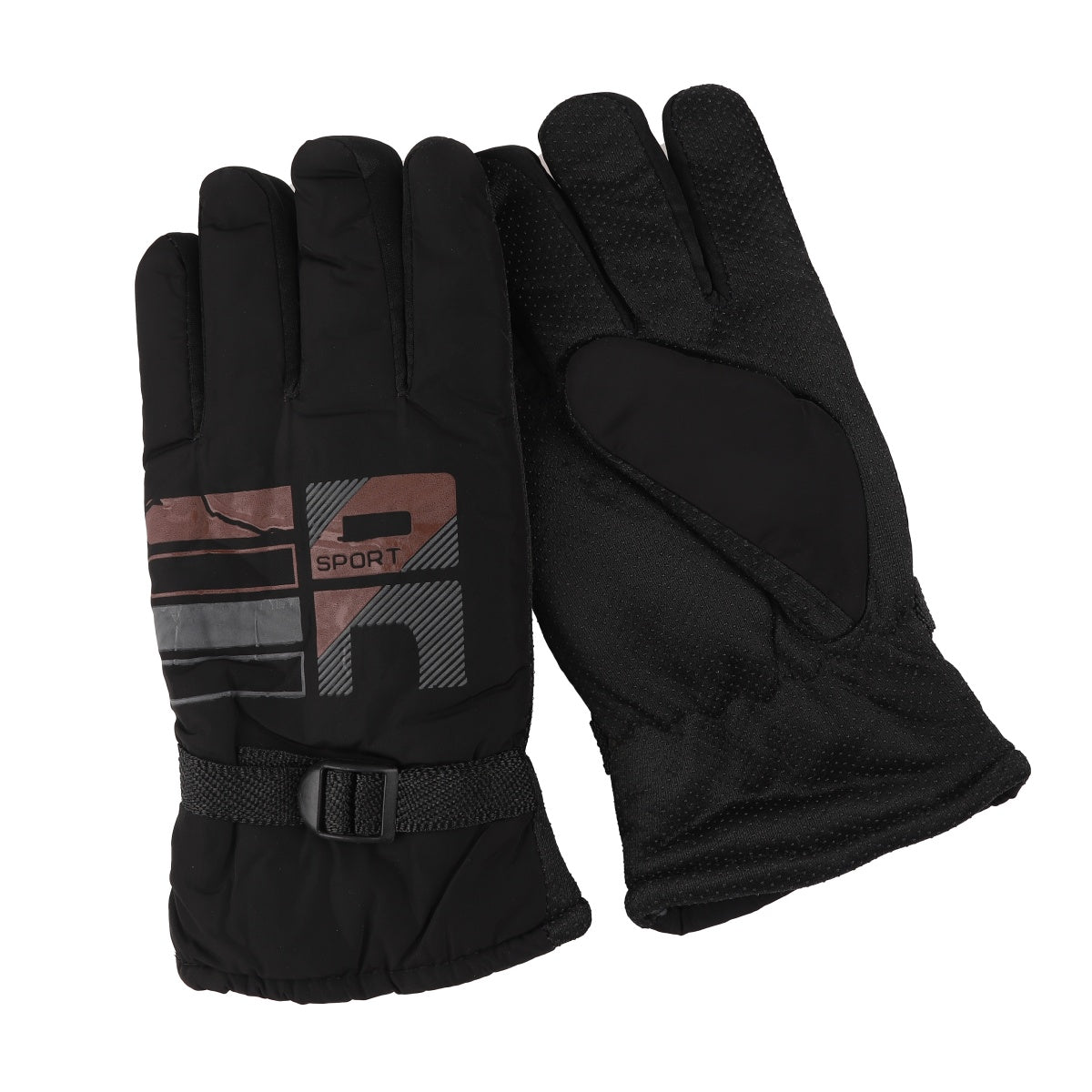 Pair of black gloves with red stripe design and reinforced grip palm.