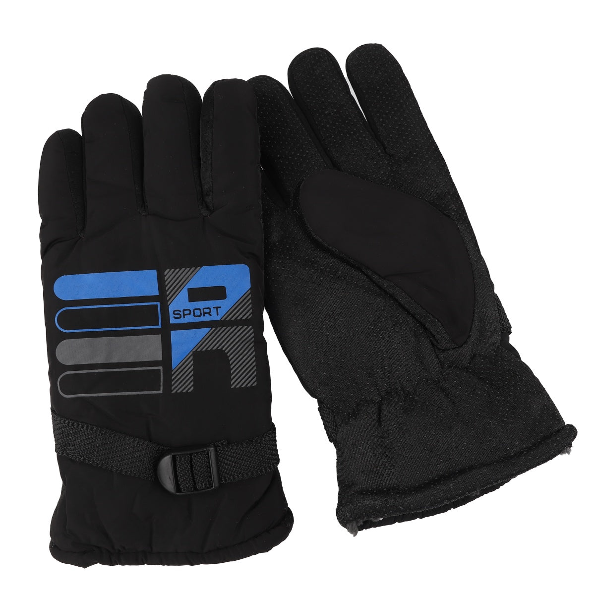 Black five-finger winter gloves with blue accent stripe and adjustable wrist strap.