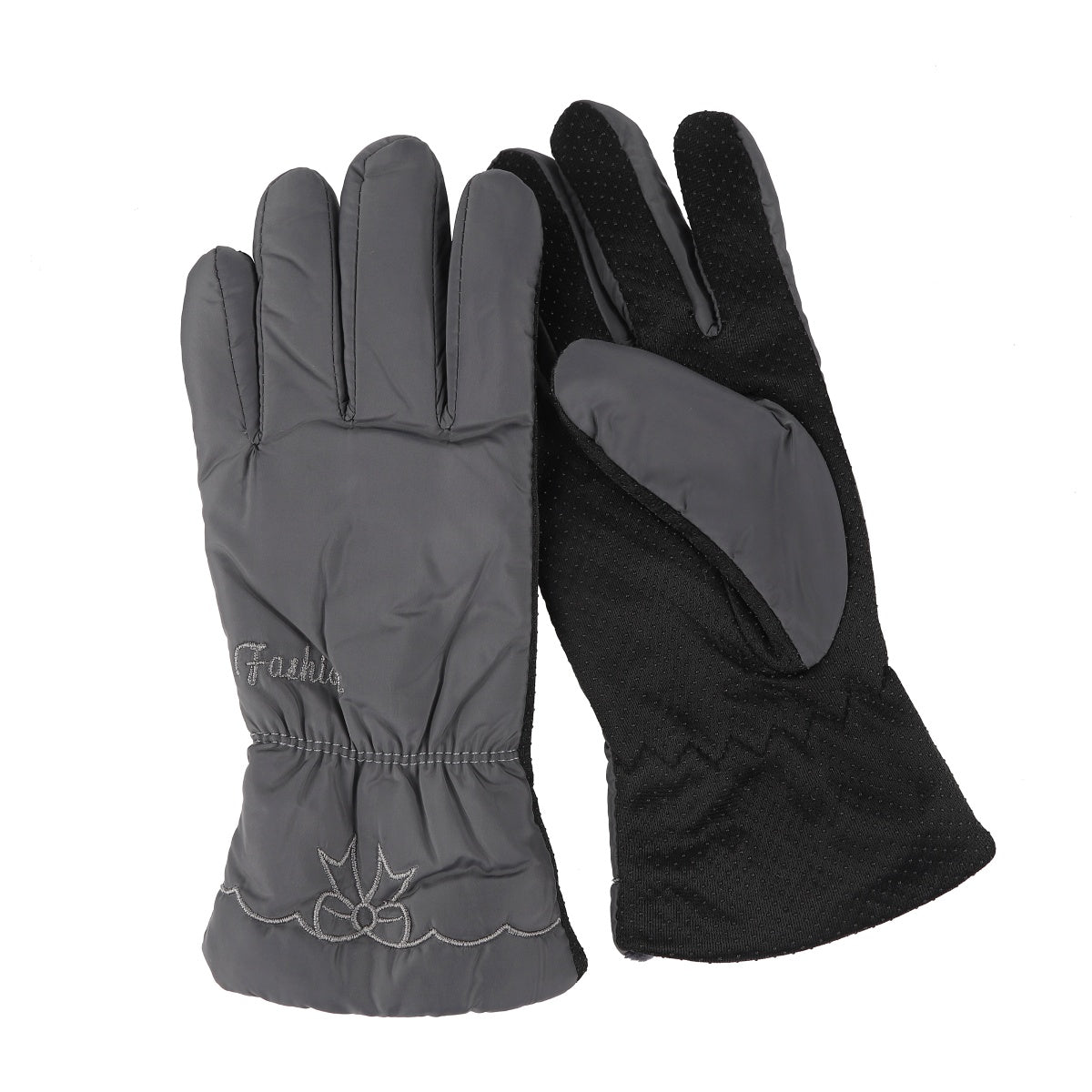Gray and black thermal gloves with contrast design and stretch fit.