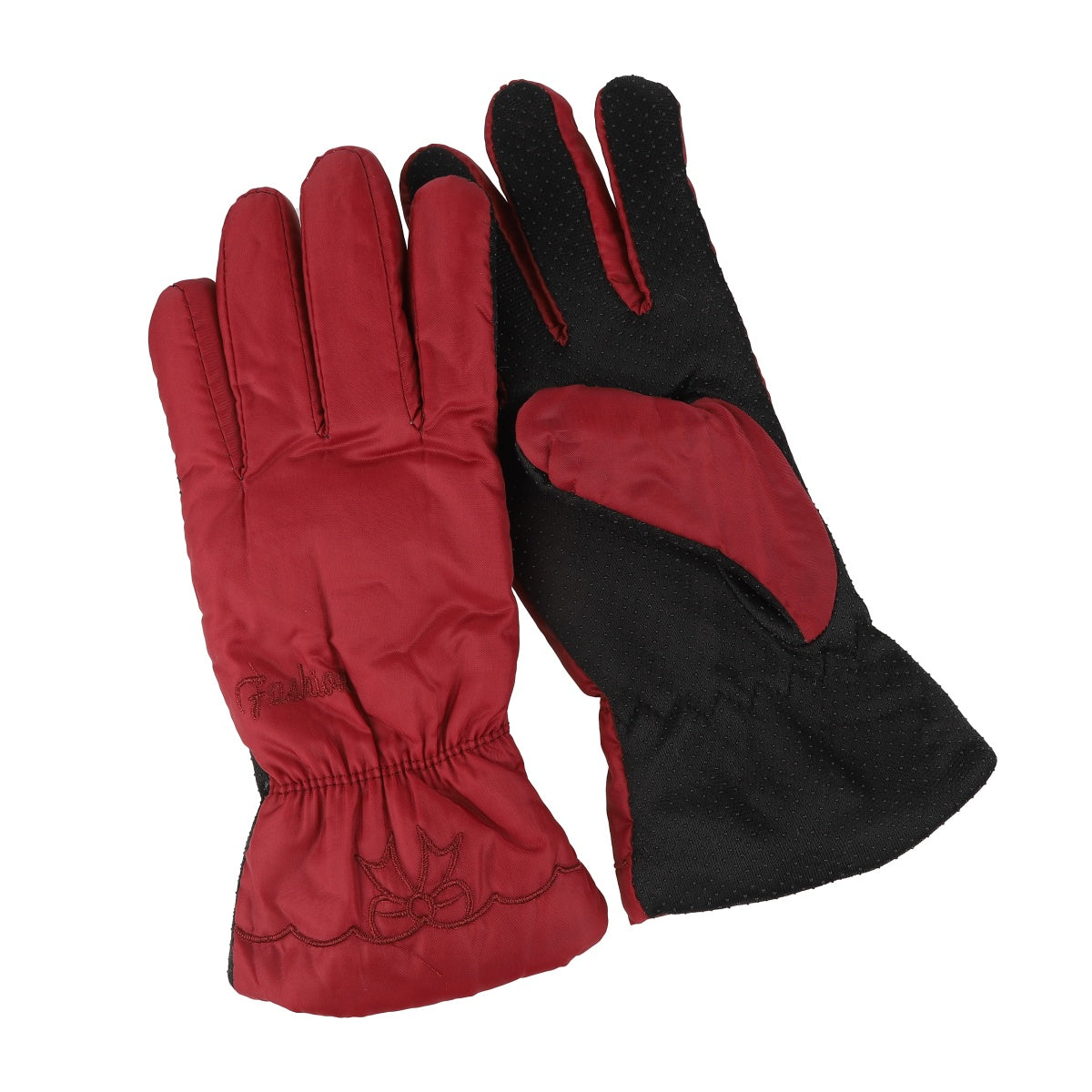 Red and black five-finger winter gloves with curved palm panel and elastic wrist.